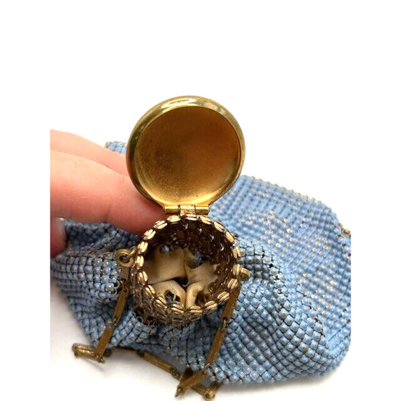 Vtg Antique Evening Purse Expandable Top Gold Mesh Beaded Beggars Bag Blue - Picture 12 of 14